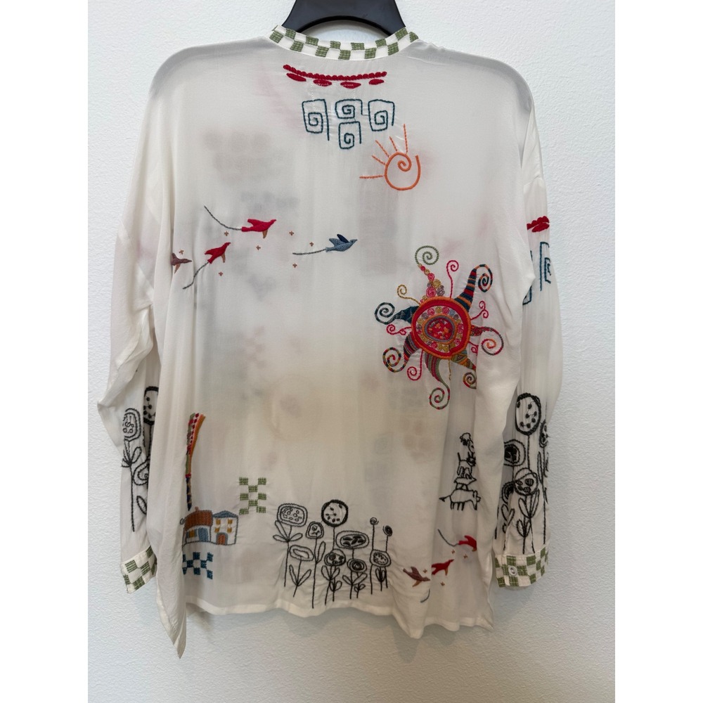 Biya by Johnny Was Cartagena Silk Embroidered Folk Art Blouse White B19222-E XS - Picture 3 of 7